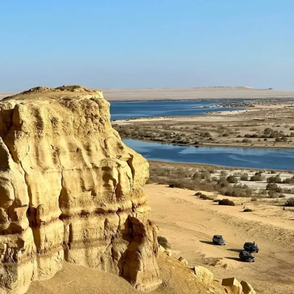 Fayoum Egypt sandstone cliffs overlooking the lakes of Wadi El Rayan