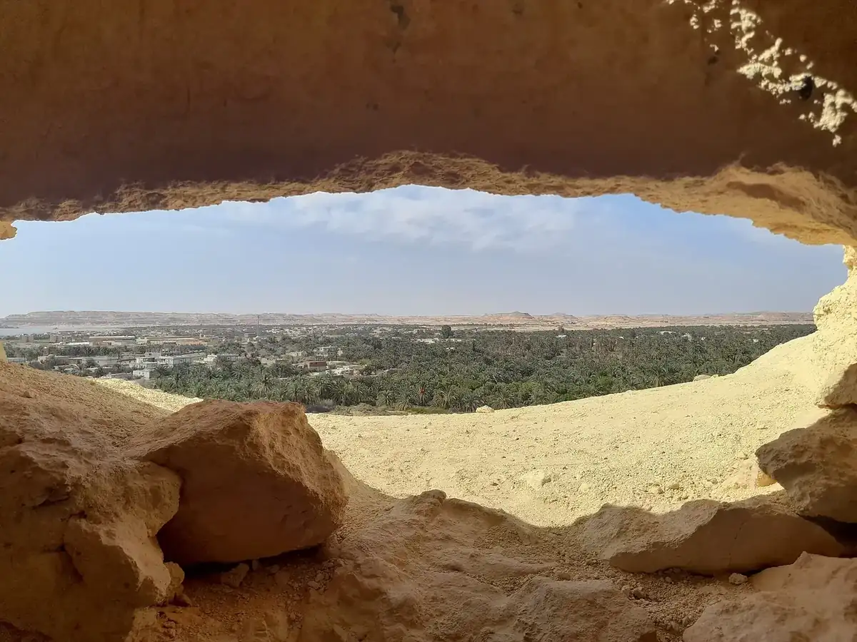 View of Siwa palm groves from a tomb opening on Mountain of the Dead