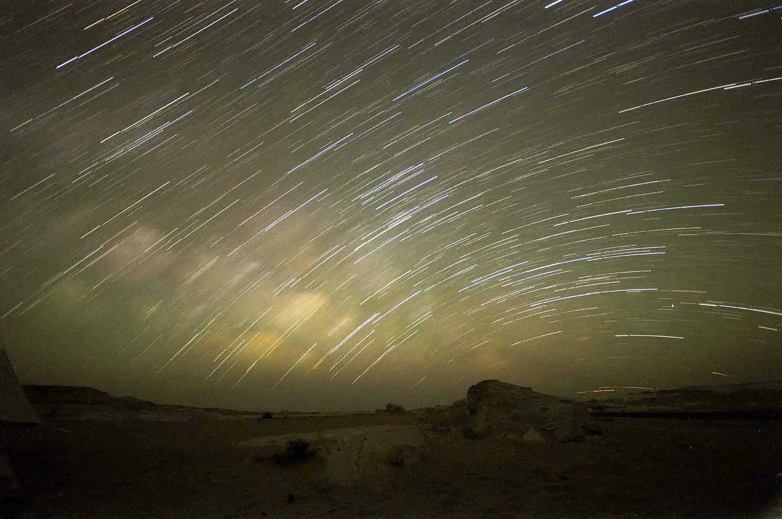 Star trails above White Desert Egypt at night