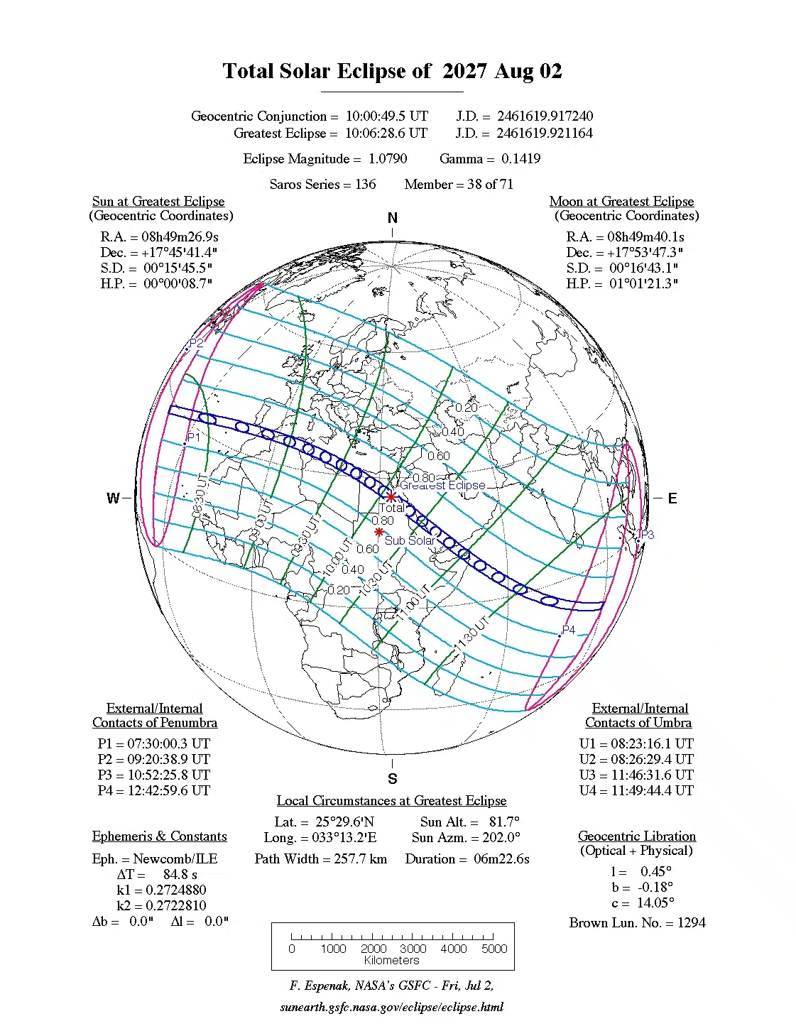 Map of the 2 August 2027 total solar eclipse path crossing Egypt