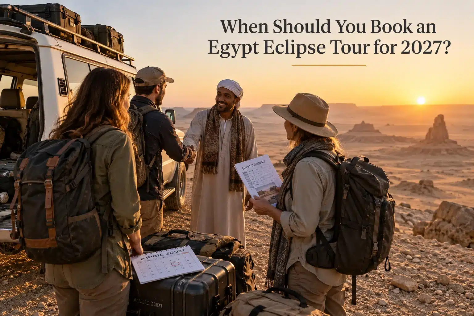Travelers meeting a local Egyptian guide while preparing for a private eclipse journey