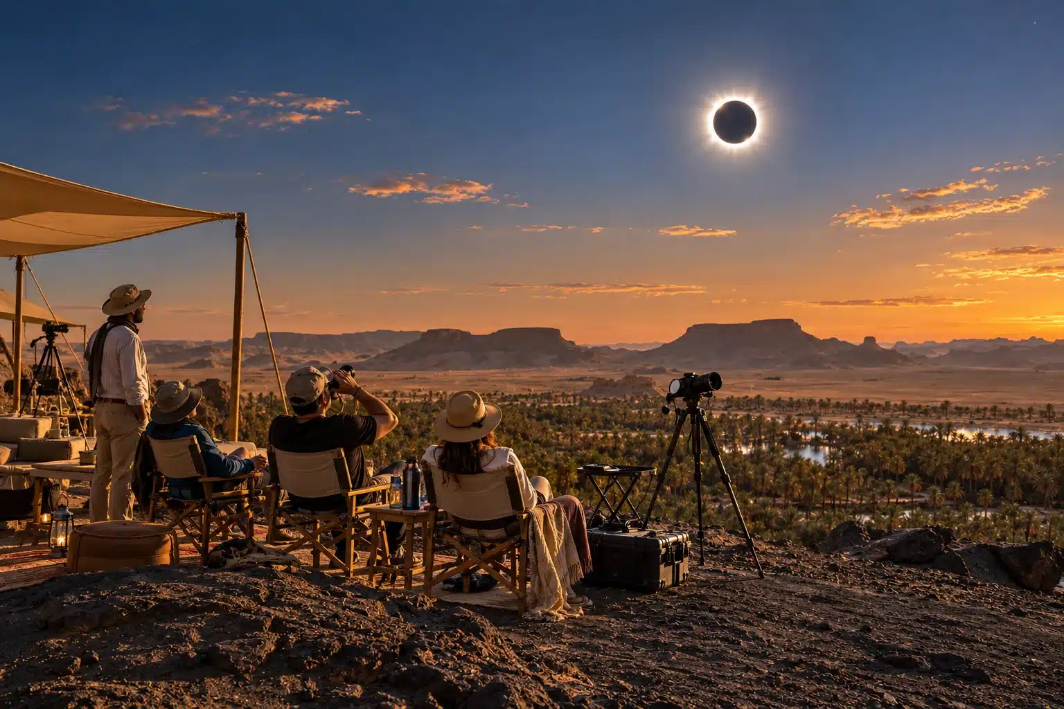 Artist's impression of travelers experiencing a total solar eclipse in Egypt's Western Desert