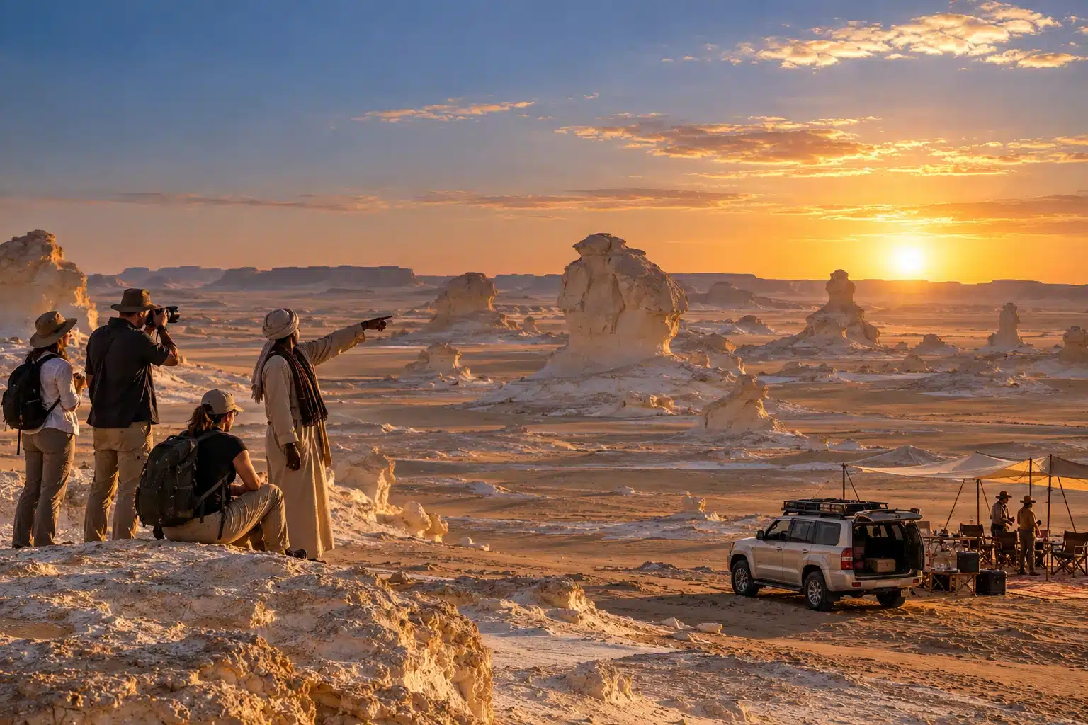Private Egypt Western Desert journey with travelers, 4x4 and serviced camp at golden hour