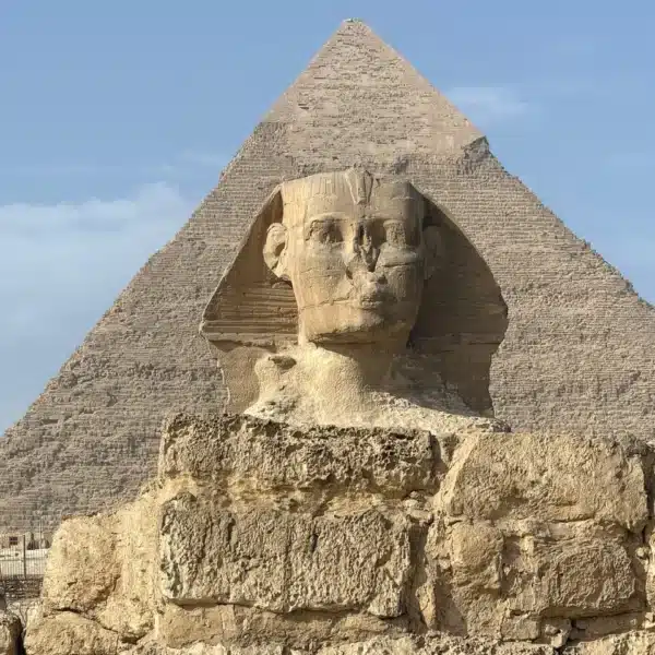 Great Sphinx with the Pyramid of Khafre behind it at Giza
