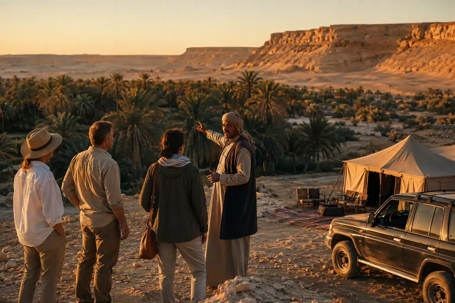 Private travelers with an Egyptian guide overlooking a Western Desert oasis