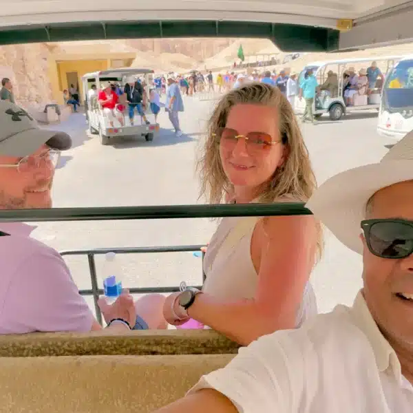 Travelers using the visitor shuttle at the Valley of the Kings