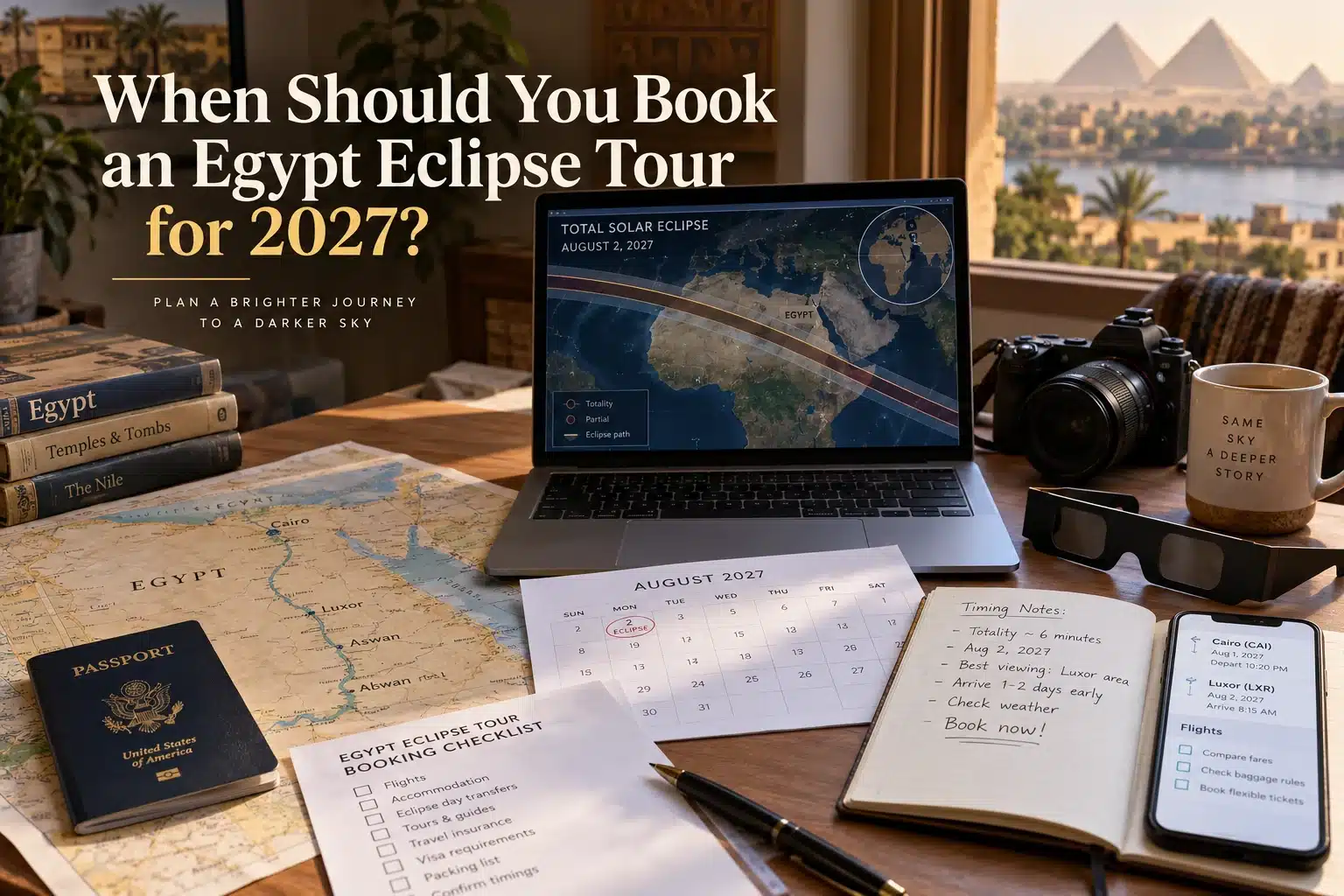 Travel planning desk for the 2 August 2027 total solar eclipse in Egypt