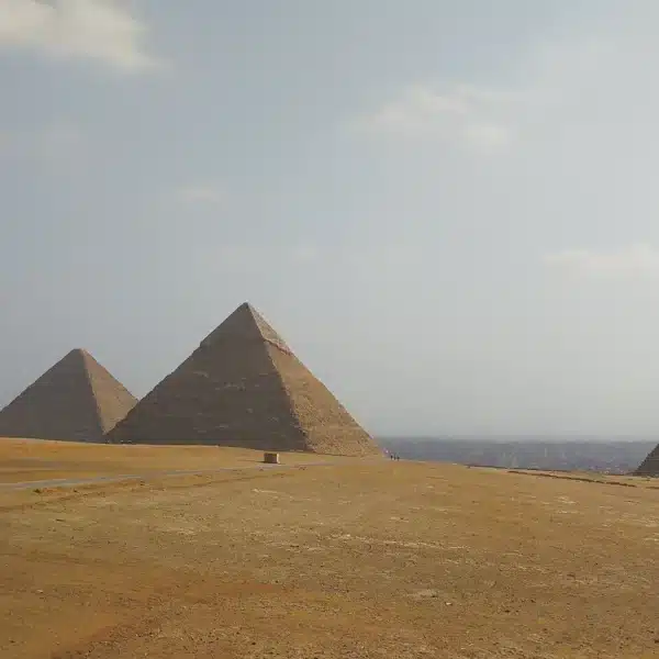 Panoramic view of the Giza Pyramids during a Cairo and Fayoum Christmas tour