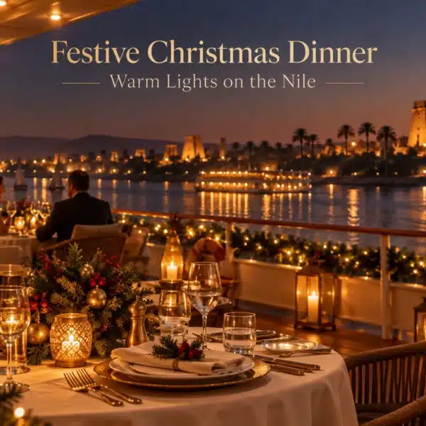 Festive Christmas Eve dinner setting aboard a Nile cruise in Egypt