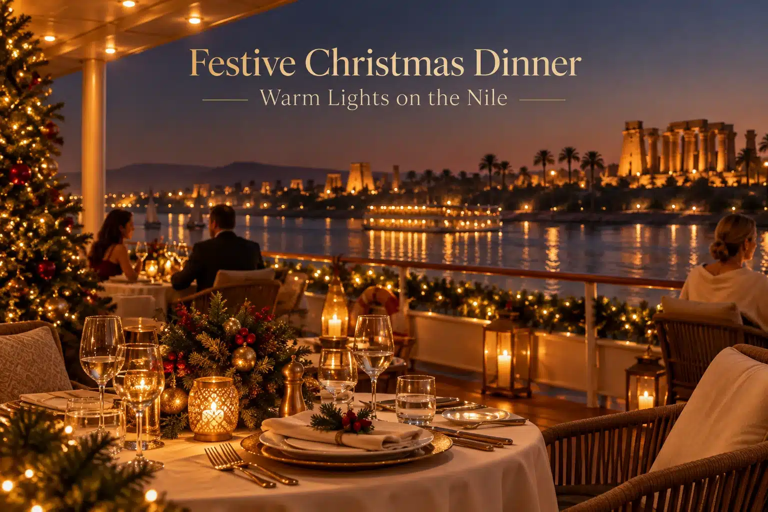 Christmas Eve Dinner on the Nile Festive Christmas Eve dinner setting aboard a Nile cruise in Egypt