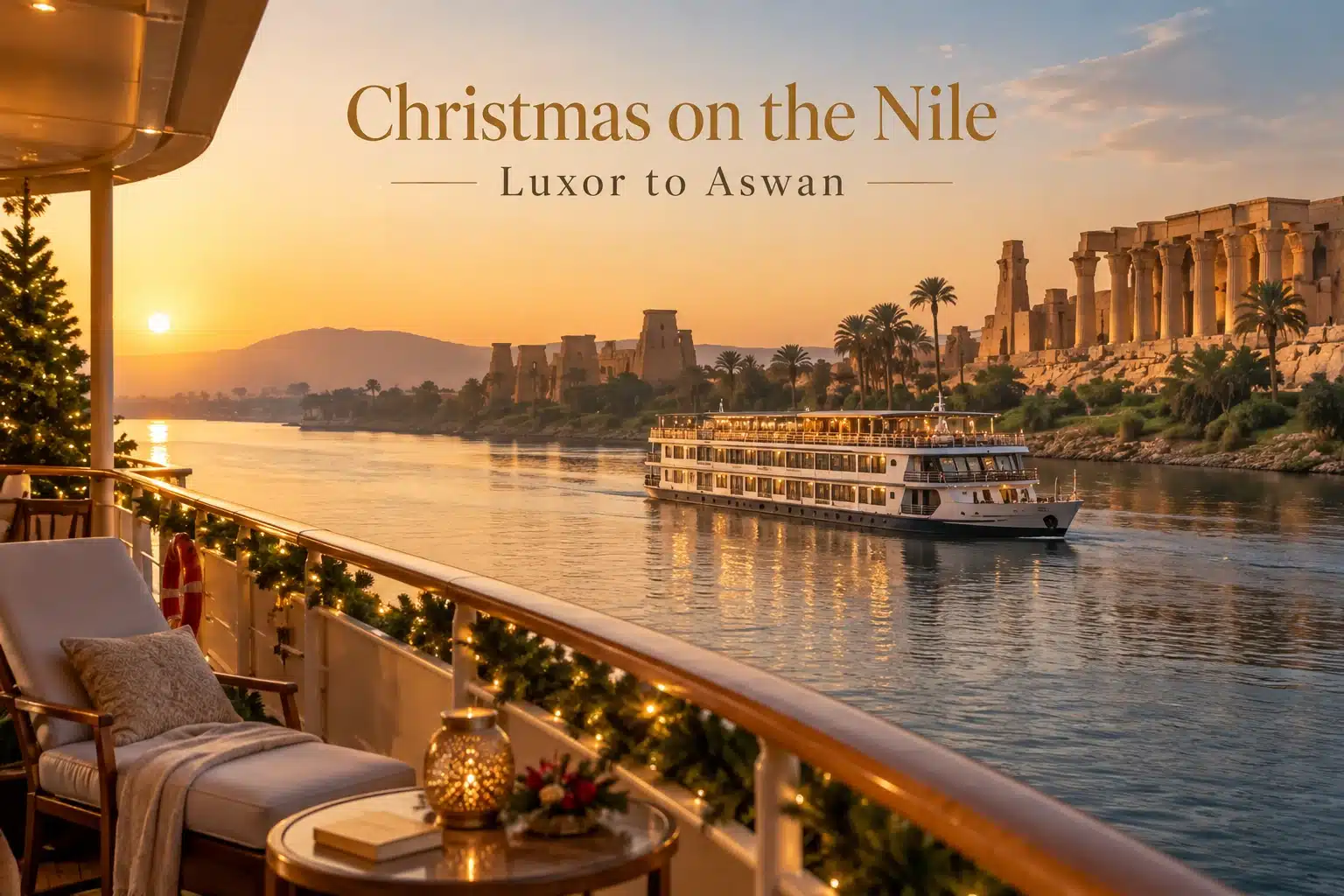 Christmas Nile Cruise 2026 – Luxor to Aswan Christmas Nile cruise sailing from Luxor to Aswan at sunset