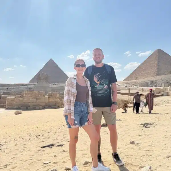 Travelers enjoying the Giza Pyramids on a private Egypt Christmas trip