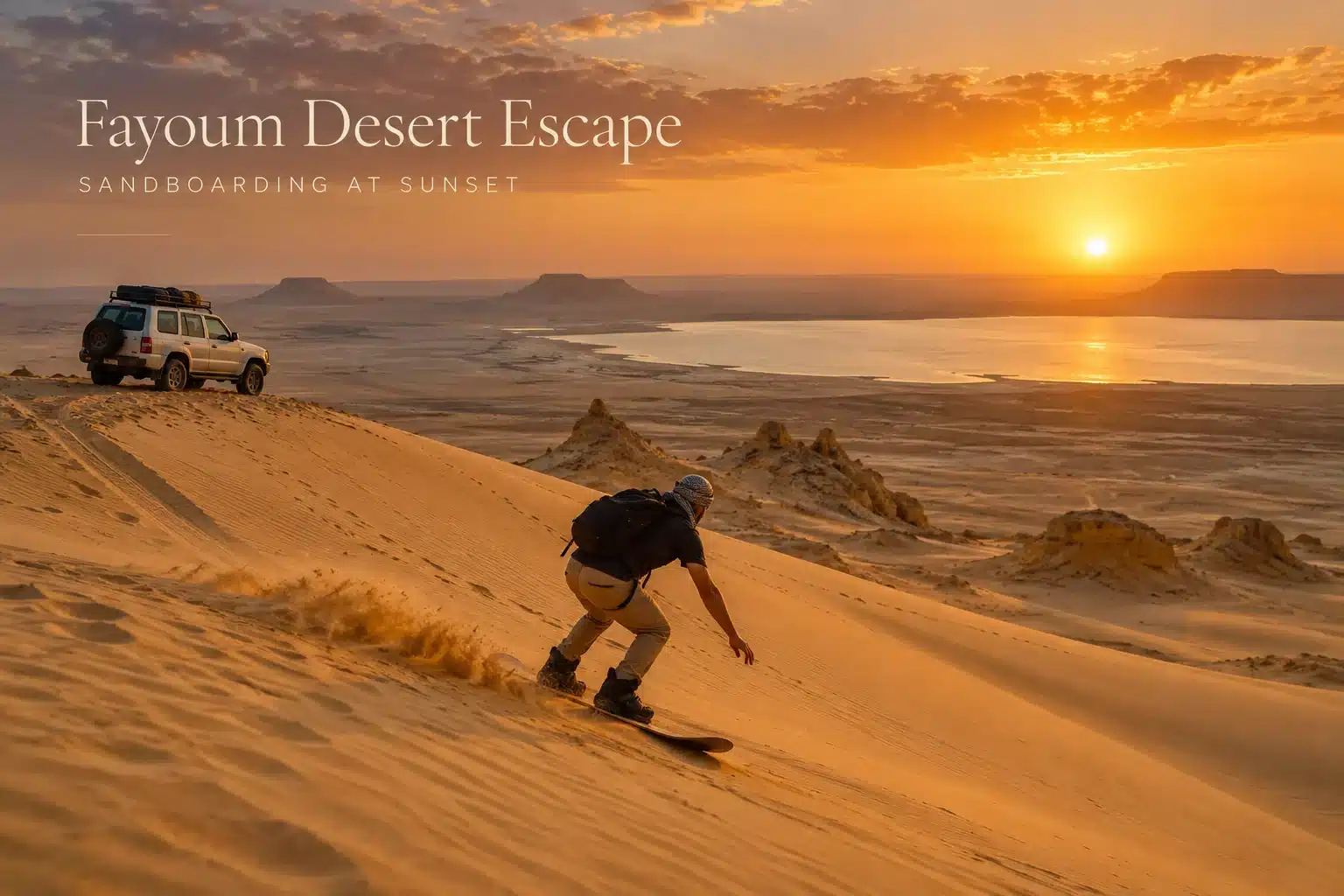 Fayoum Desert Escape at Sunset Sandboarding at sunset during a Fayoum desert escape