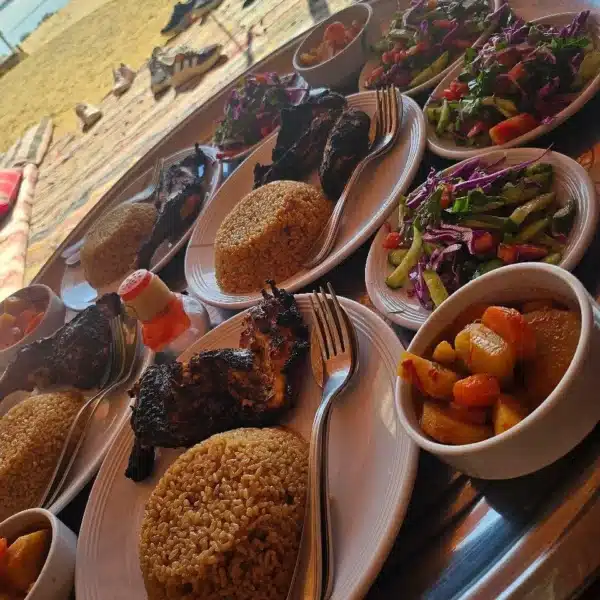 Egyptian chicken rice and salad served during a Fayoum desert dinner