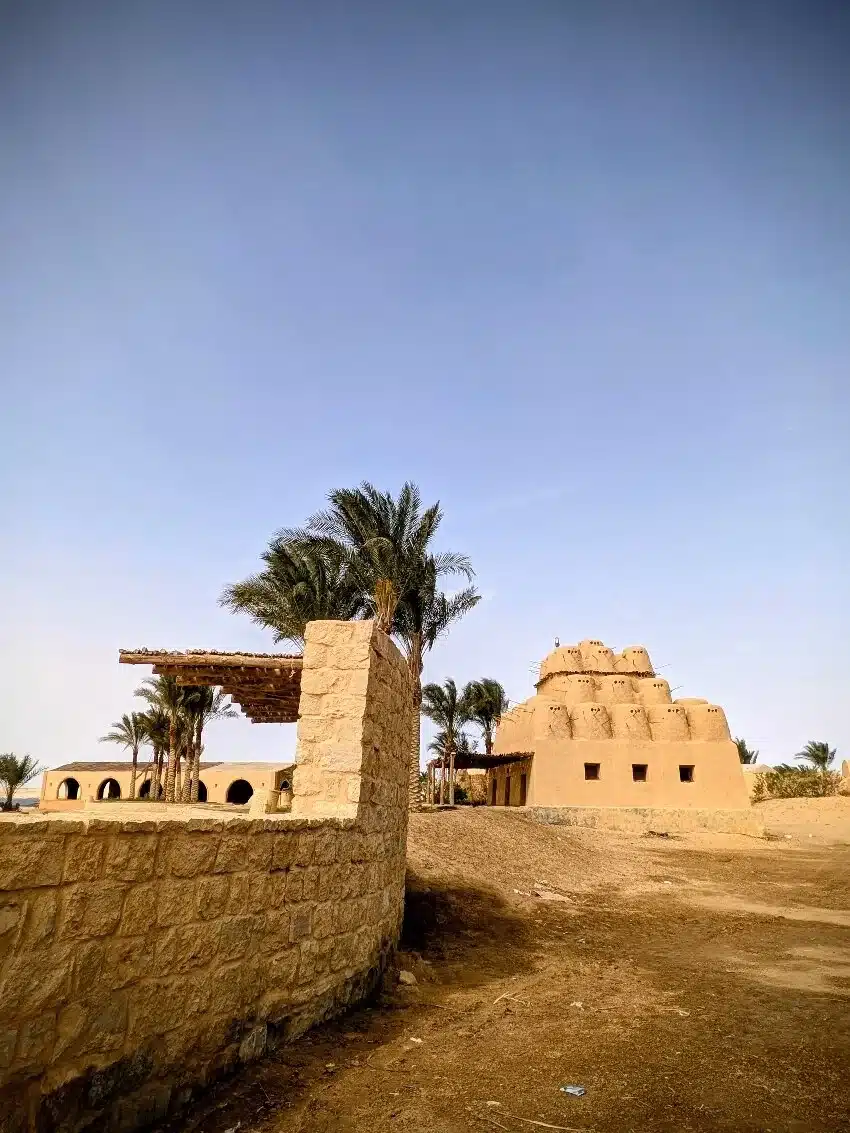 Desert eco camp architecture surrounded by palms in Fayoum