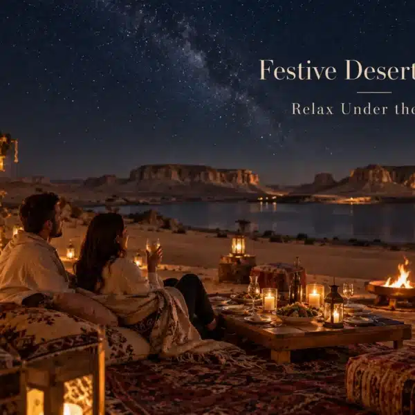 Festive Christmas desert dinner under the stars in Fayoum Egypt