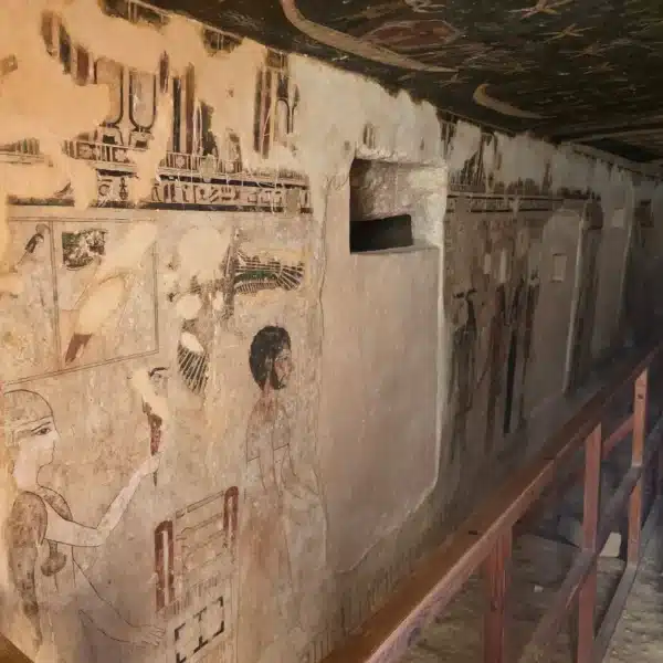 Ancient painted tomb interior at the Mountain of the Dead in Siwa