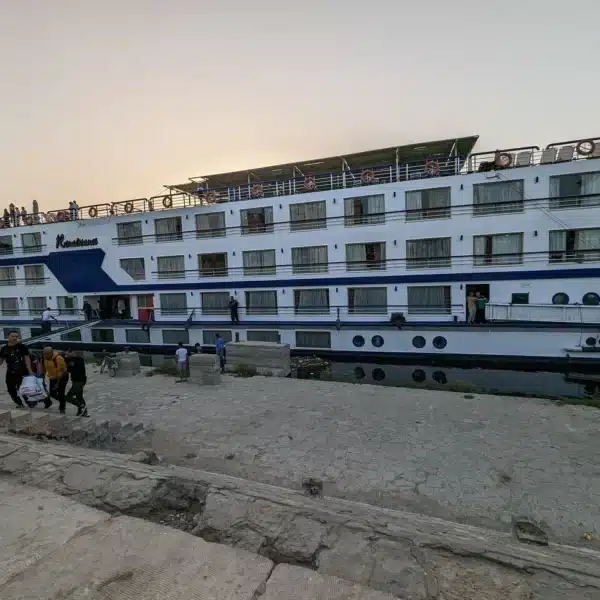 Nile cruise ship moored during a Luxor to Aswan sailing journey