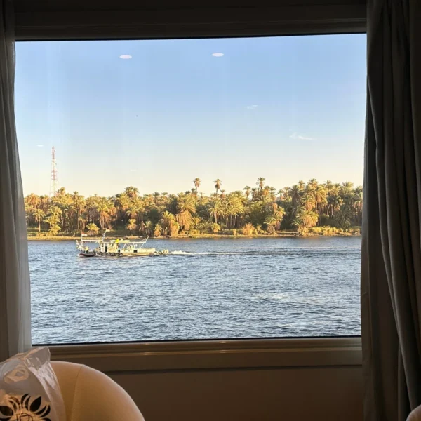 Nile River and palm-lined bank viewed through a cruise cabin window