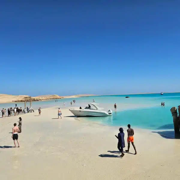 White sand and turquoise water at Orange Bay during a Hurghada boat day
