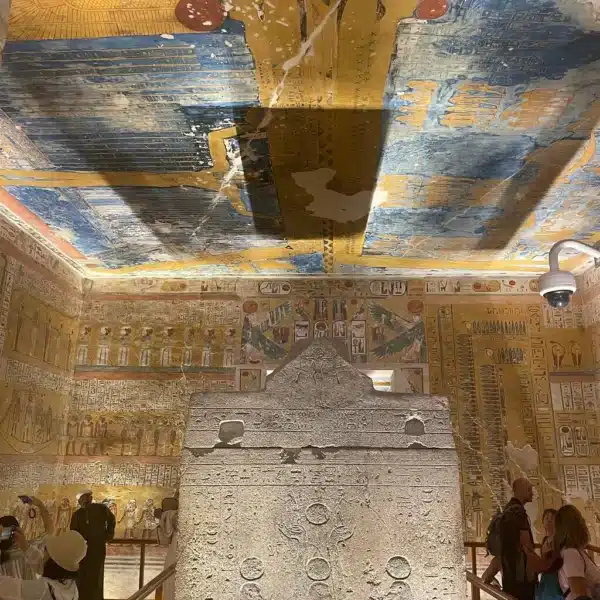 Colorful painted tomb chamber in the Valley of the Kings at Luxor
